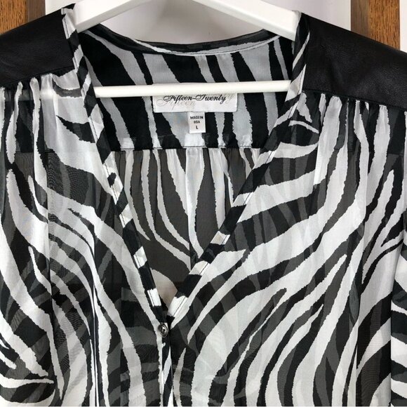FIFTEEN Twenty black/white zebra silk blouse with leather Large - Picture 4 of 10